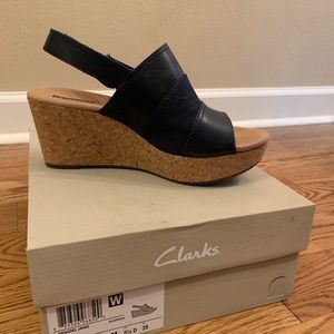 Navy blue leather wedge sandal